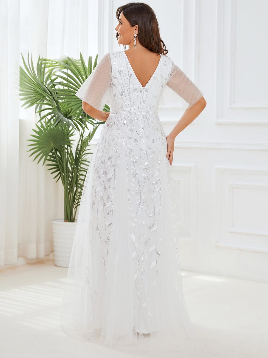 Shimmery V Neck Ruffle Sleeves Sequin Maxi Long Evening Dress #color_White