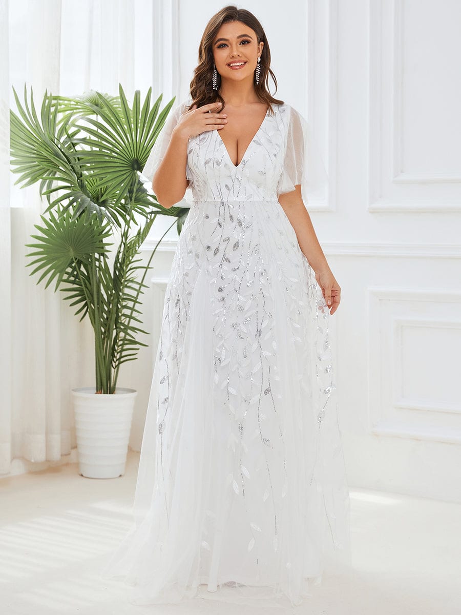 Shimmery V Neck Ruffle Sleeves Sequin Maxi Long Evening Dress #color_White