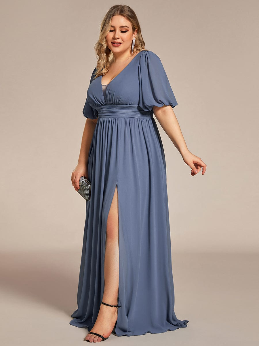 Plus Size V-Neck Front Slit Chiffon Evening Dress #Color_Dusty Blue