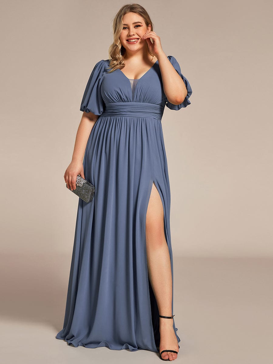 Chiffon Illusion V-Neck Flutter Sleeve Front Slit Evening Dress #Color_Dusty Blue