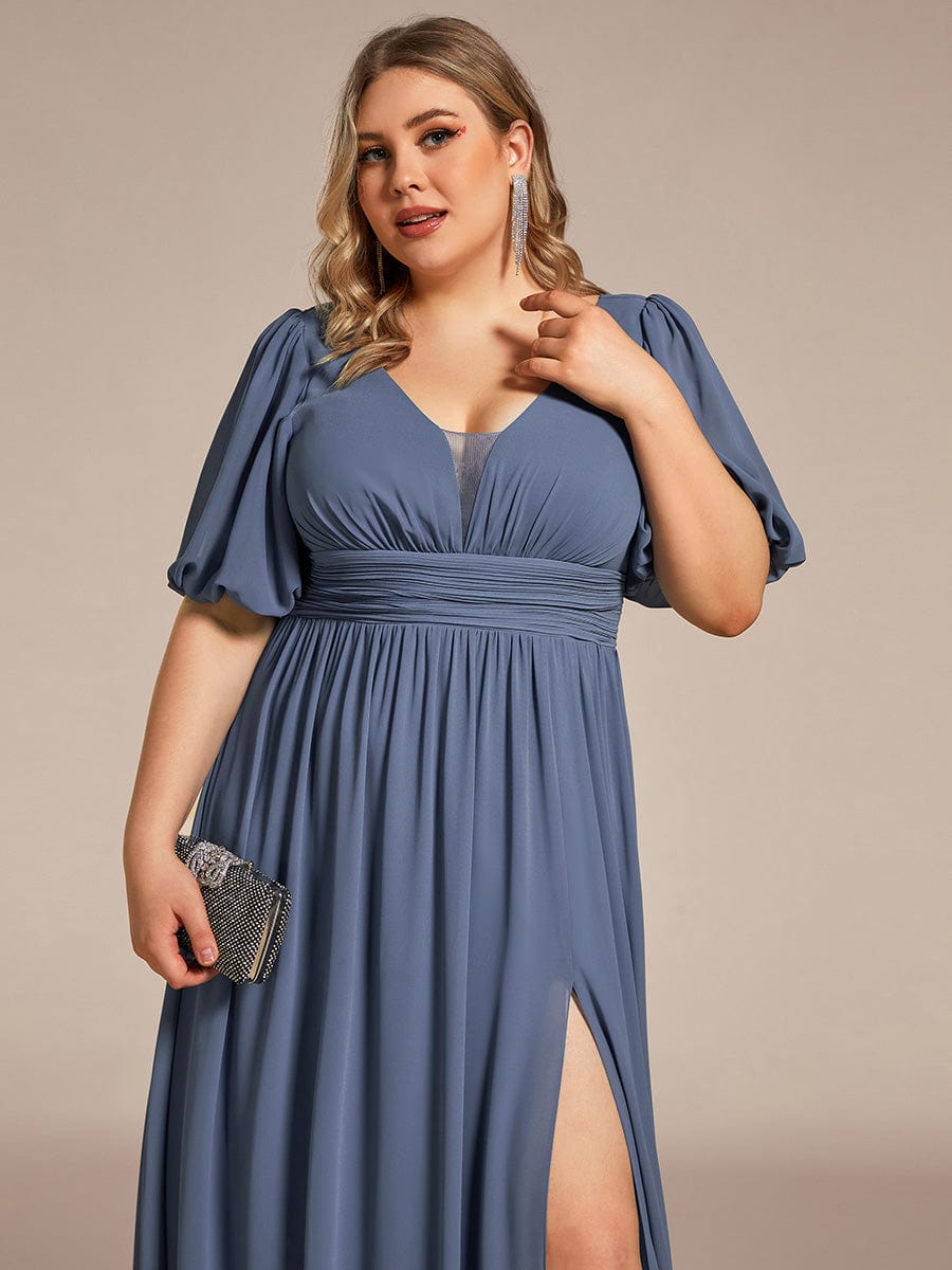 Chiffon Illusion V-Neck Flutter Sleeve Front Slit Evening Dress #Color_Dusty Blue