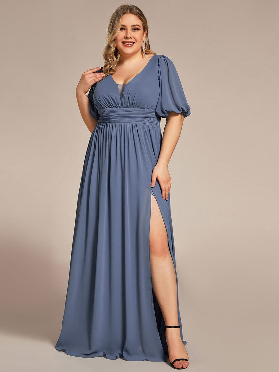 Plus Size V-Neck Front Slit Chiffon Evening Dress #Color_Dusty Blue