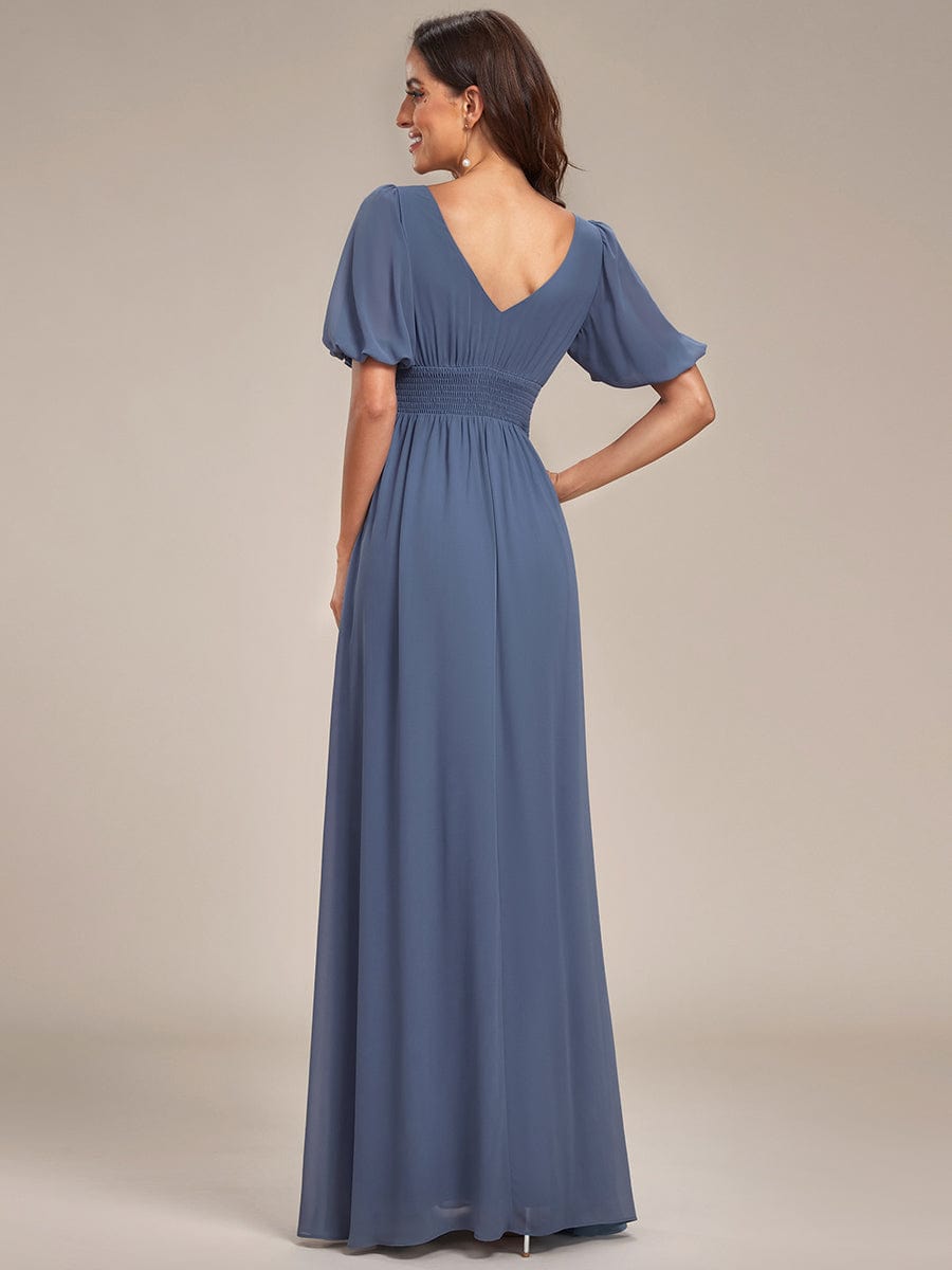 Chiffon Illusion V-Neck Flutter Sleeve Front Slit Evening Dress #color_Dusty Blue