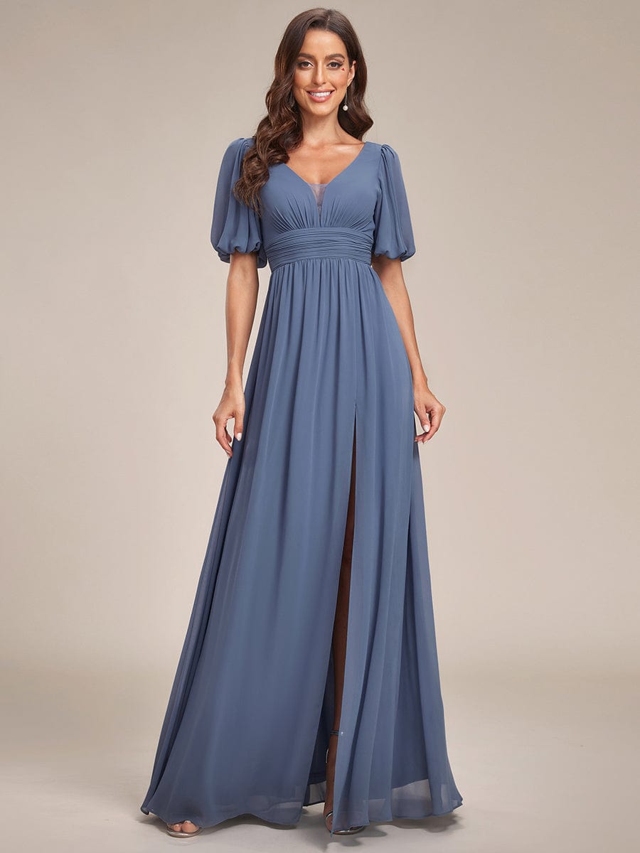 Chiffon Illusion V-Neck Flutter Sleeve Front Slit Evening Dress #Color_Dusty Blue