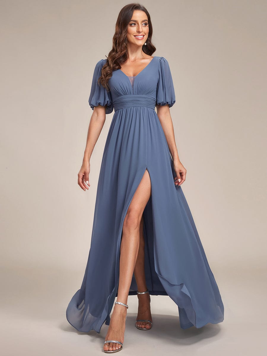 Chiffon Illusion V-Neck Flutter Sleeve Front Slit Evening Dress #Color_Dusty Blue