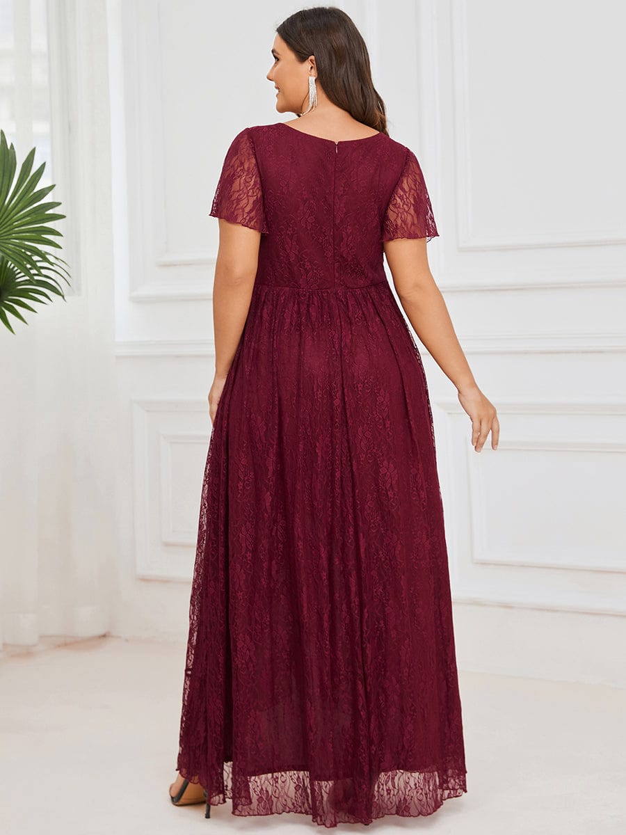 Plus Size Short Sleeve Ruffled V-Neck A-Line Lace Wedding Guest Dress #color_Burgundy