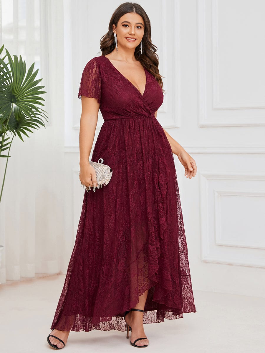 Plus Size Short Sleeve Ruffled V-Neck A-Line Lace Wedding Guest Dress #color_Burgundy