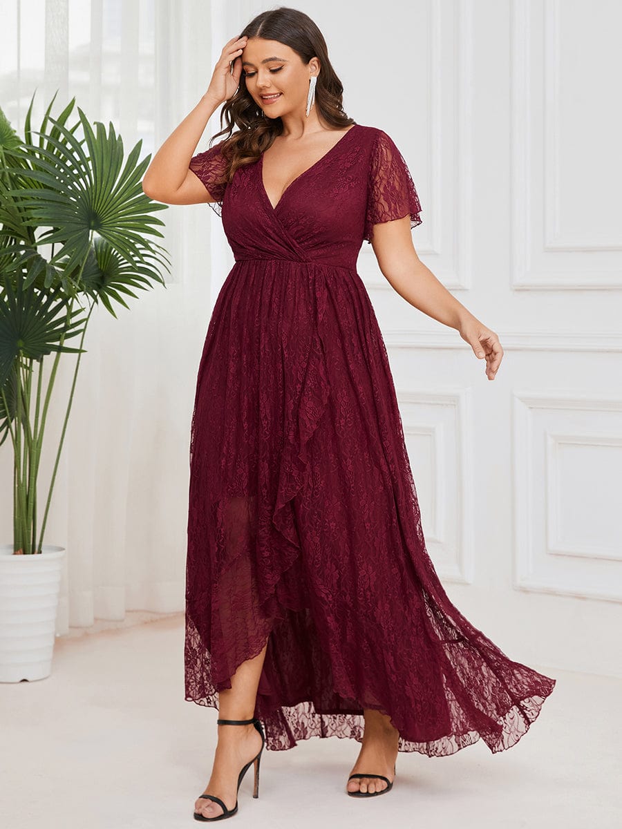 Plus Size Short Sleeve Ruffled V-Neck A-Line Lace Wedding Guest Dress #color_Burgundy