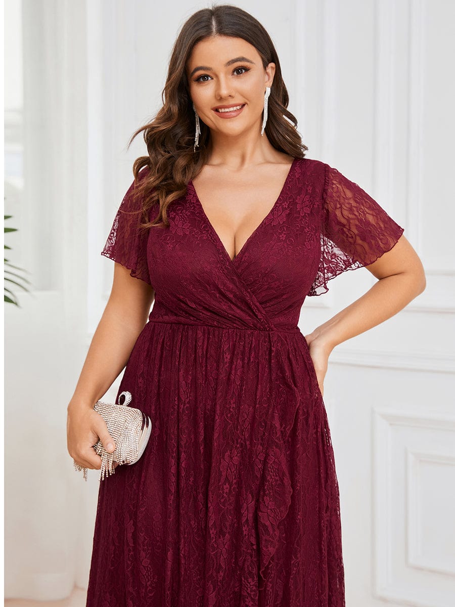 Plus Size Short Sleeve Ruffled V-Neck A-Line Lace Wedding Guest Dress #color_Burgundy