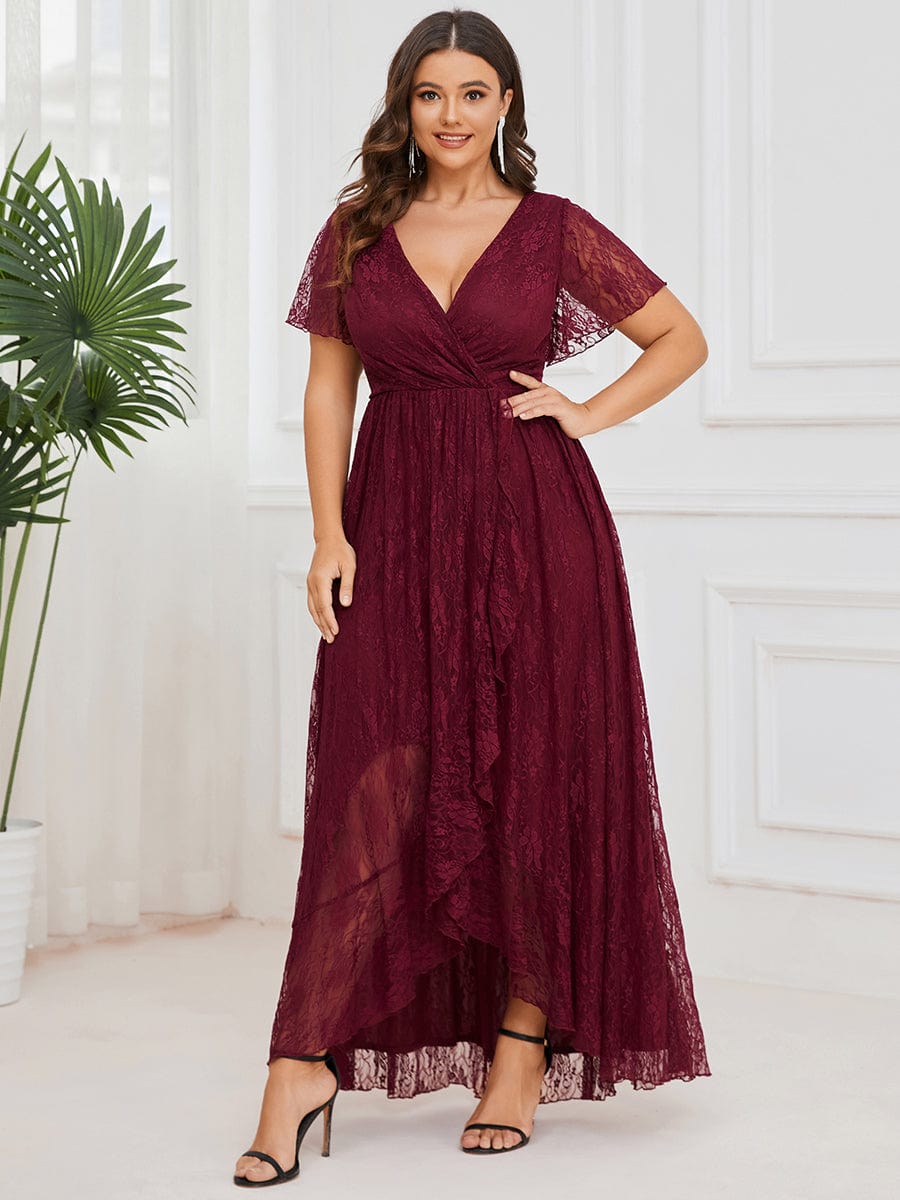 Plus Size Short Sleeve Ruffled V-Neck A-Line Lace Wedding Guest Dress #color_Burgundy