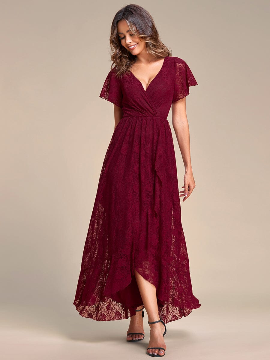 Pleated V-Neck Short Sleeve Ruffled Lace Evening Dress #color_Burgundy