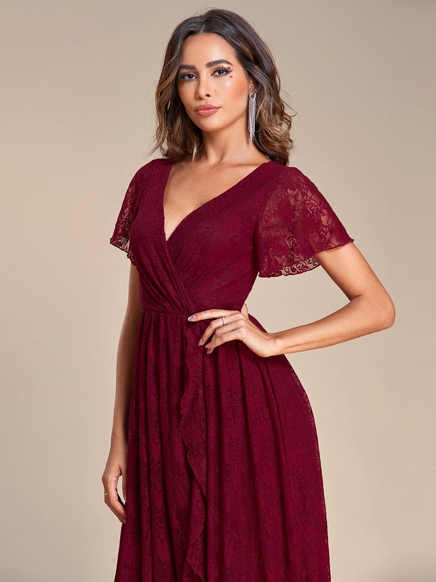 Pleated V-Neck Short Sleeve Ruffled Lace Evening Dress #color_Burgundy