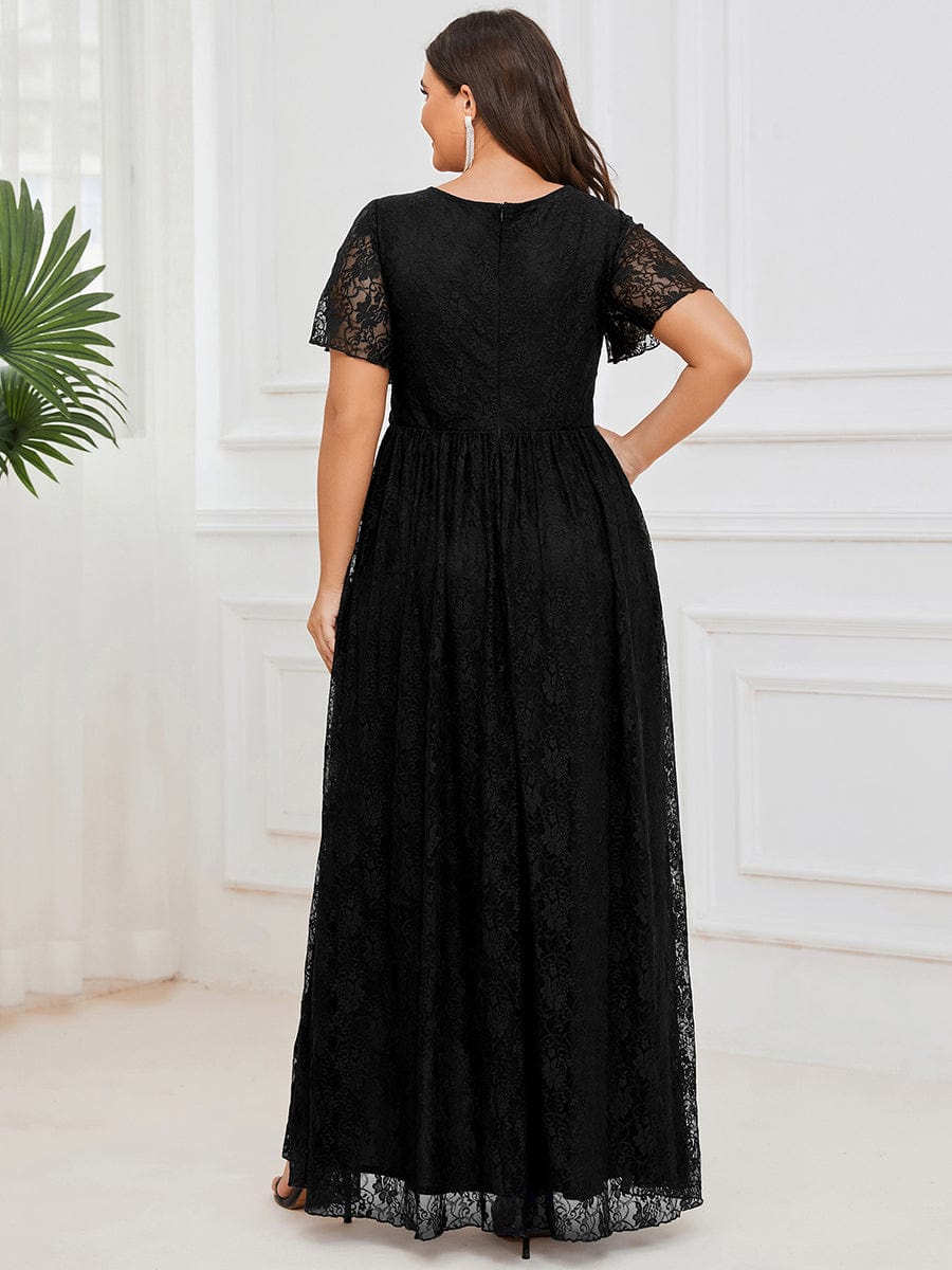 Plus Size Short Sleeve Ruffled V-Neck A-Line Lace Wedding Guest Dress #color_Black