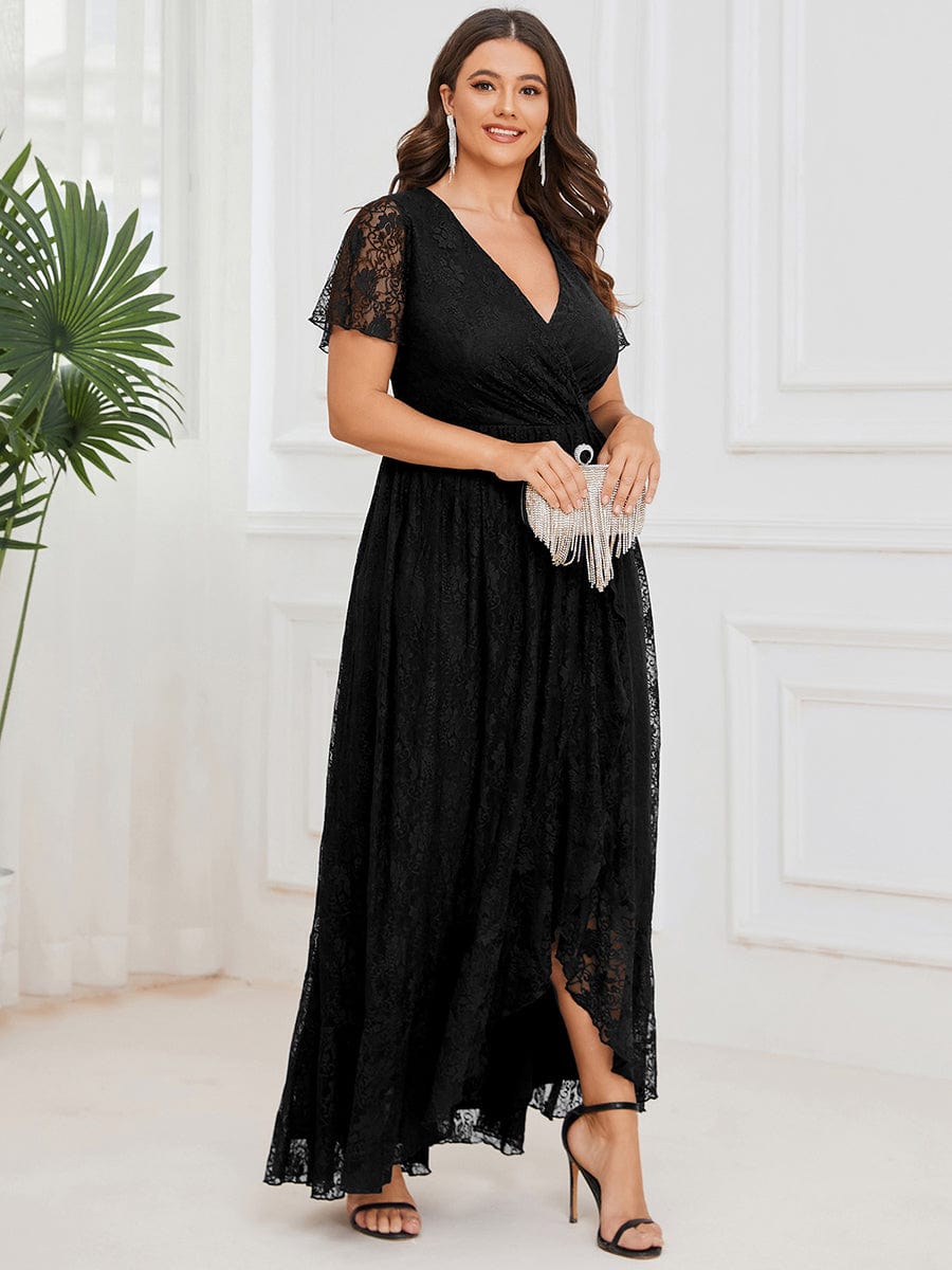 Plus Size Short Sleeve Ruffled V-Neck A-Line Lace Wedding Guest Dress #color_Black