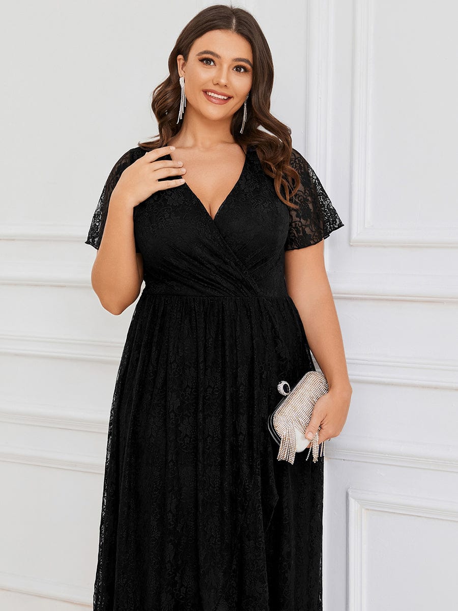 Plus Size Short Sleeve Ruffled V-Neck A-Line Lace Wedding Guest Dress #color_Black