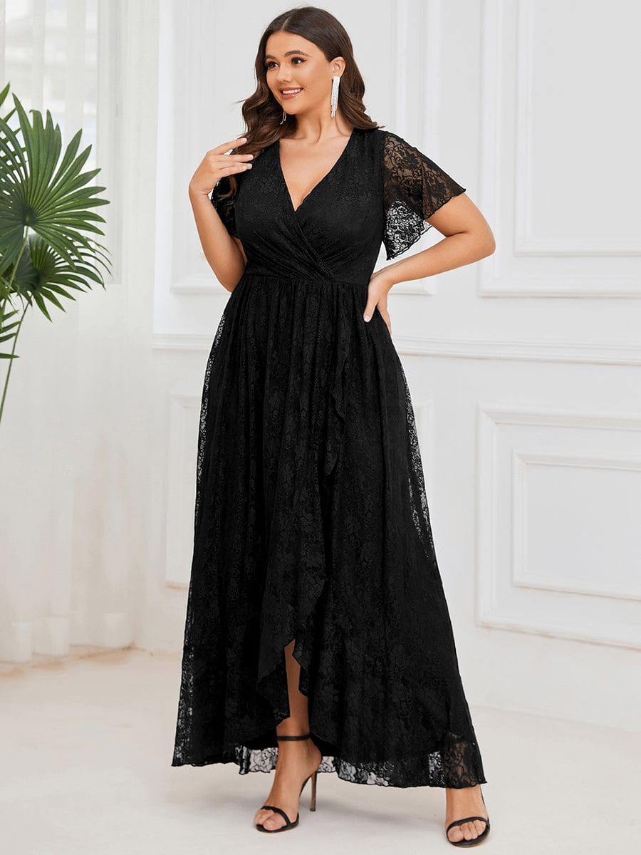 Plus Size Short Sleeve Ruffled V-Neck A-Line Lace Wedding Guest Dress #color_Black