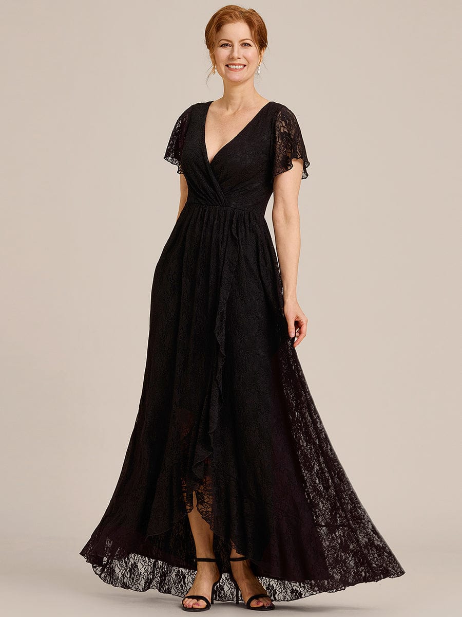 Pleated V-Neck Short Sleeve Ruffled Lace Evening Dress #color_Black