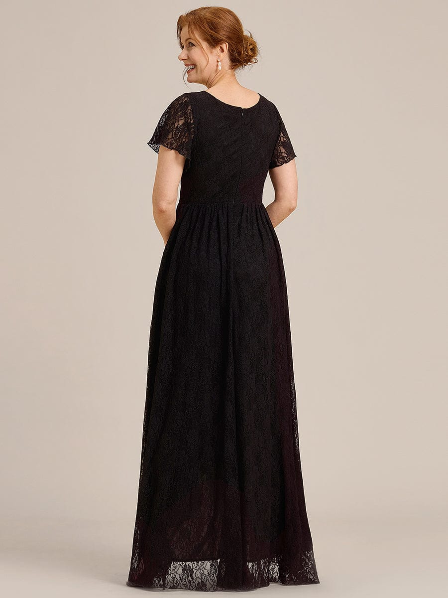 Pleated V-Neck Short Sleeve Ruffled Lace Evening Dress #color_Black