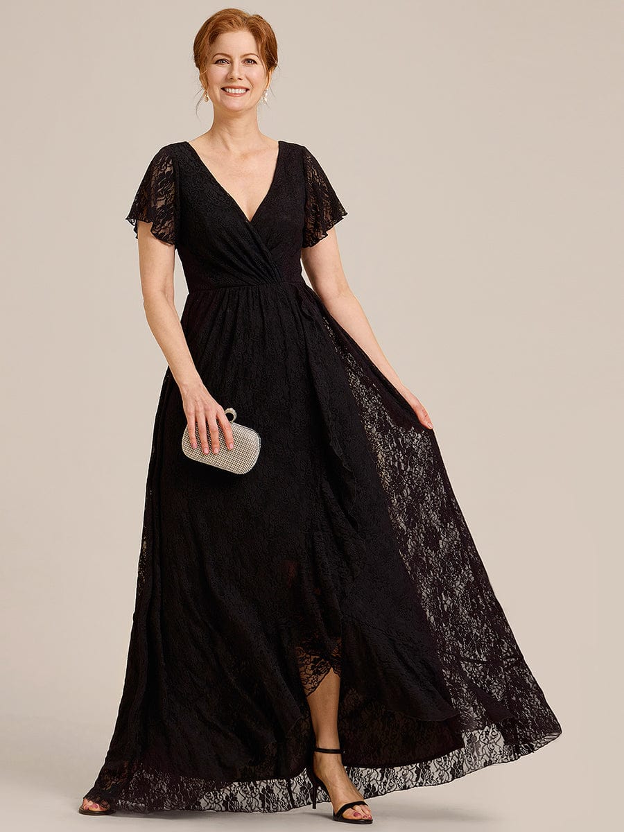 Pleated V-Neck Short Sleeve Ruffled Lace Evening Dress #color_Black