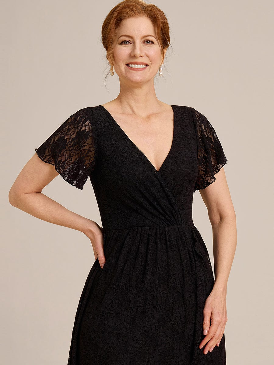 Pleated V-Neck Short Sleeve Ruffled Lace Evening Dress #color_Black