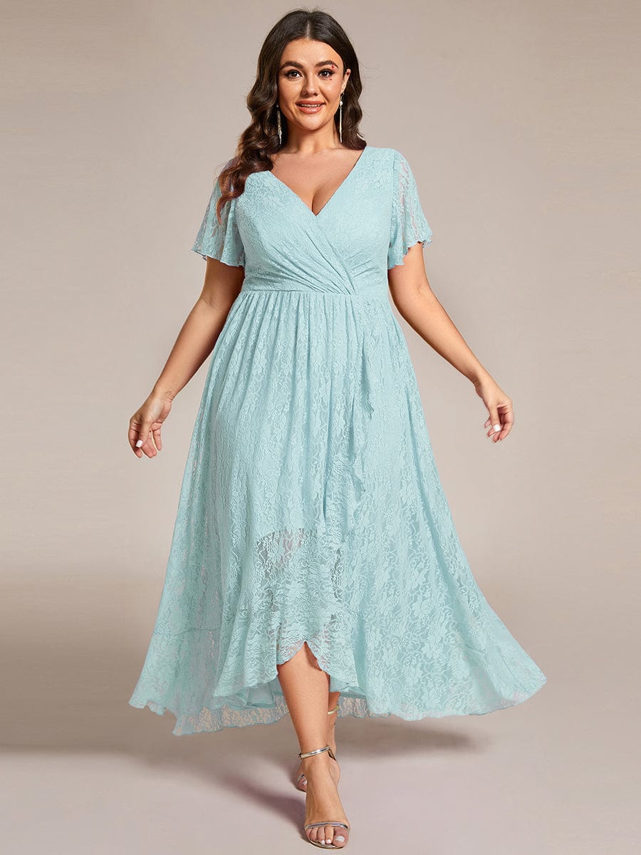 Plus Size Short Sleeve Ruffled V-Neck A-Line Lace Evening Dress #color_Sky Blue