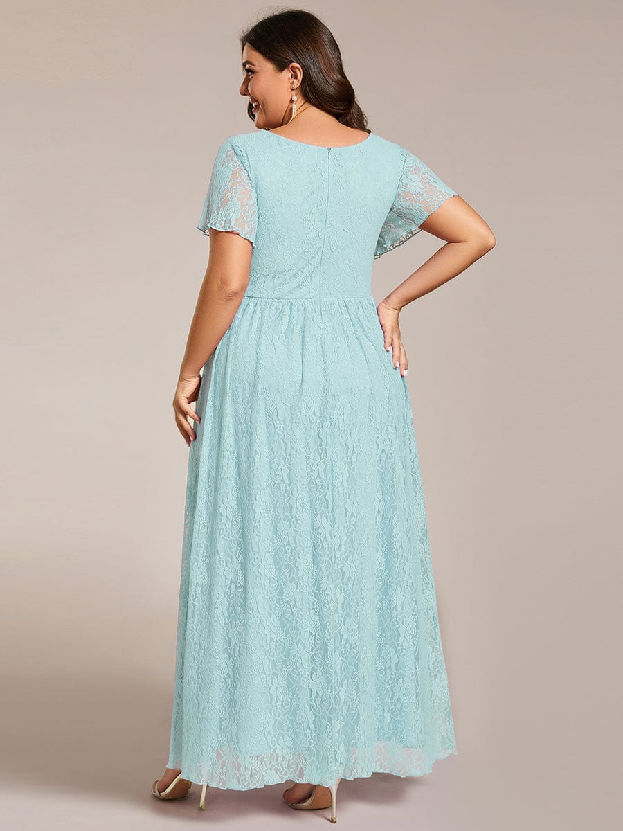 Pleated V-Neck Short Sleeve Ruffled Lace Evening Dress #color_Sky Blue