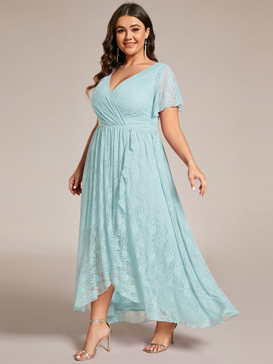 Plus Size Short Sleeve Ruffled V-Neck A-Line Lace Evening Dress #color_Sky Blue