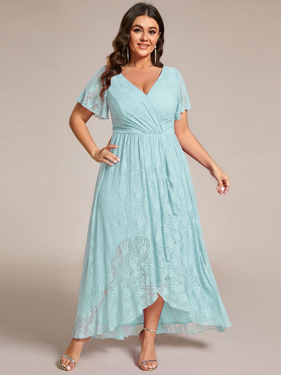 Plus Size Short Sleeve Ruffled V-Neck A-Line Lace Evening Dress #color_Sky Blue