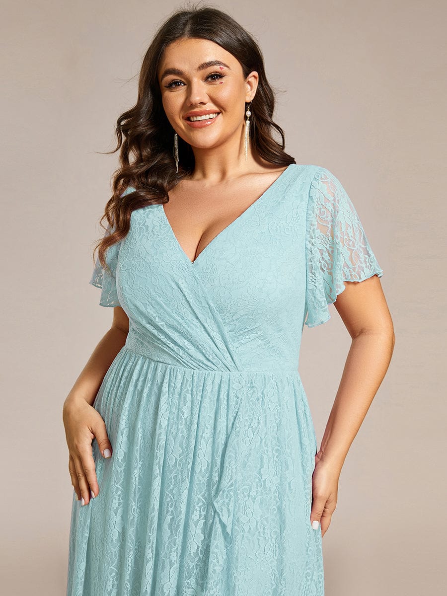 Pleated V-Neck Short Sleeve Ruffled Lace Evening Dress #color_Sky Blue