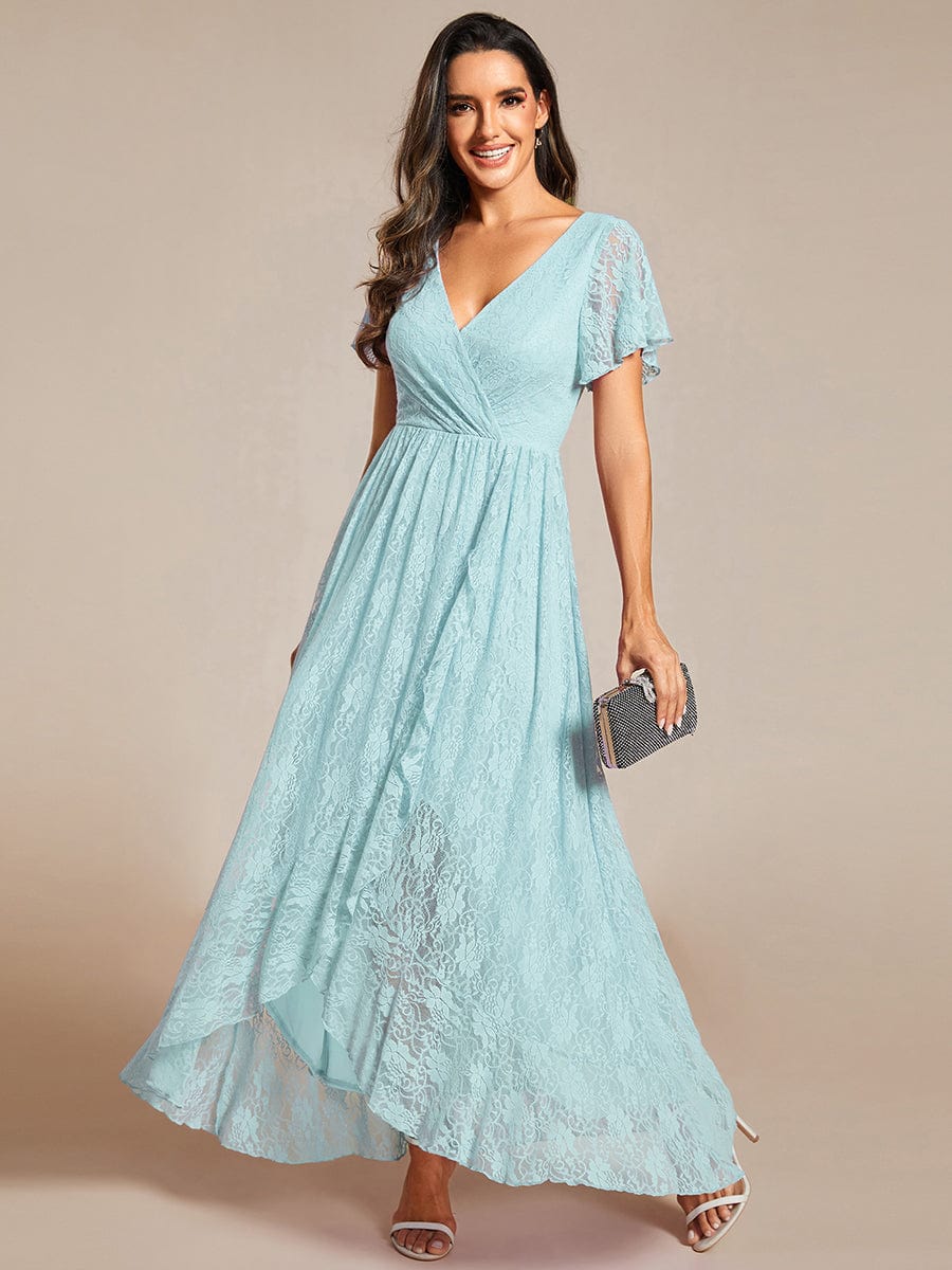 Pleated V-Neck Short Sleeve Ruffled Lace Evening Dress #color_Sky Blue