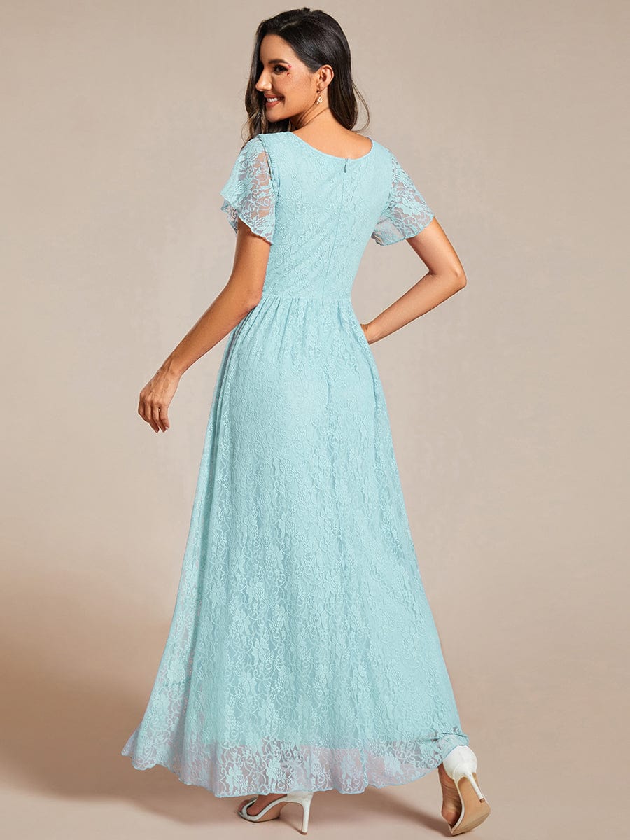 Pleated V-Neck Short Sleeve Ruffled Lace Evening Dress #color_Sky Blue