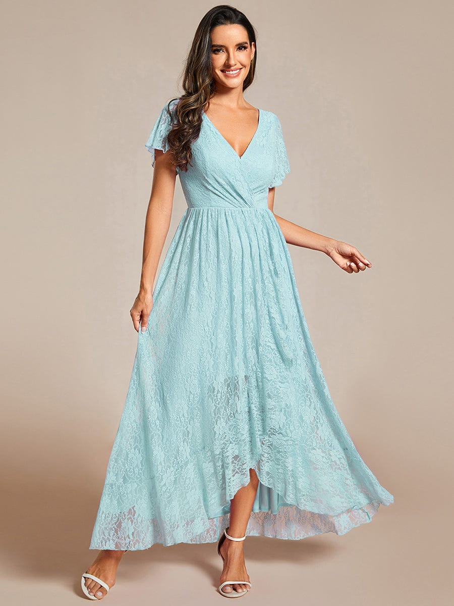 Pleated V-Neck Short Sleeve Ruffled Lace Evening Dress #color_Sky Blue