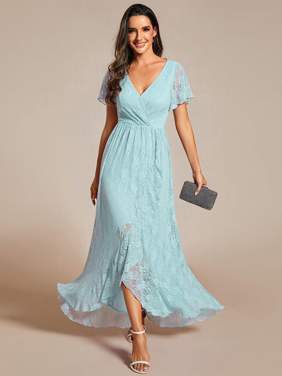 Pleated V-Neck Short Sleeve Ruffled Lace Evening Dress #color_Sky Blue