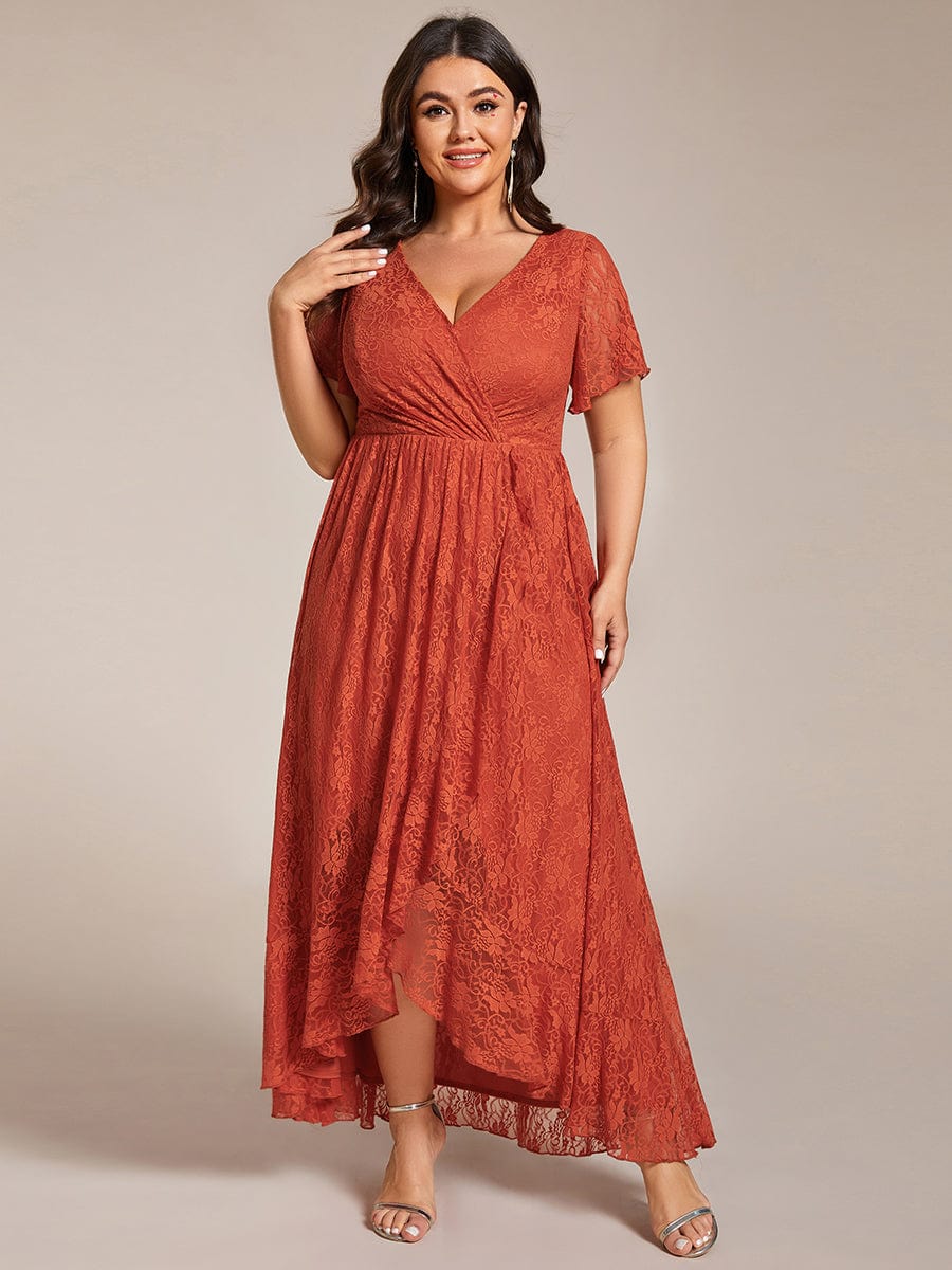 Plus Size Short Sleeve Ruffled V-Neck A-Line Lace Wedding Guest Dress #color_Burnt Orange