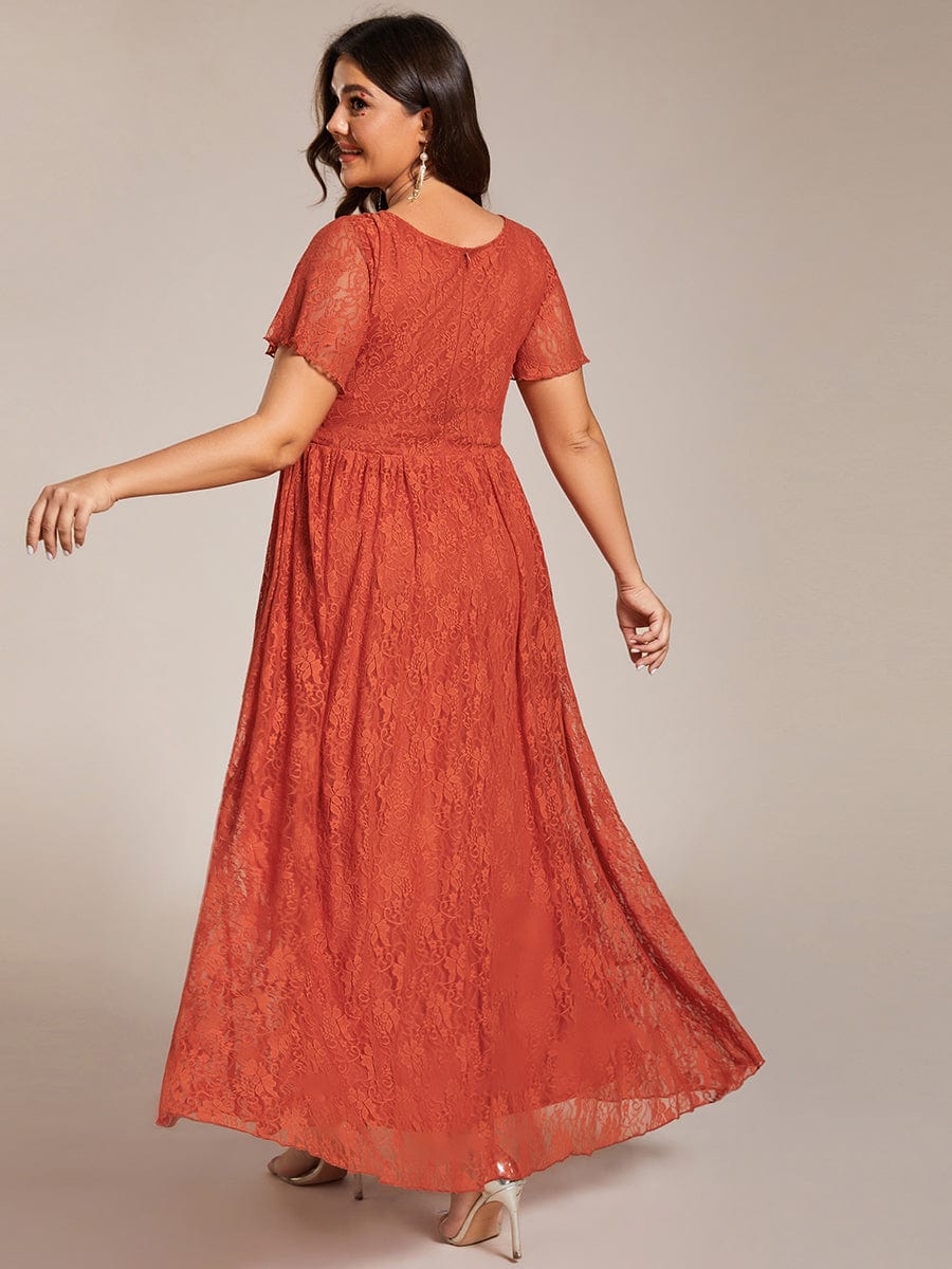 Plus Size Short Sleeve Ruffled V-Neck A-Line Lace Wedding Guest Dress #color_Burnt Orange