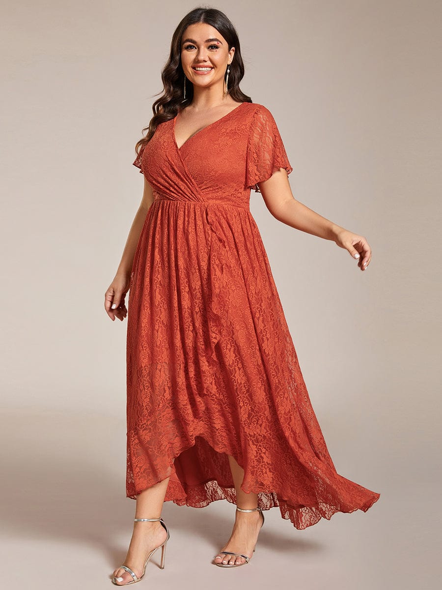 Plus Size Short Sleeve Ruffled V-Neck A-Line Lace Wedding Guest Dress #color_Burnt Orange