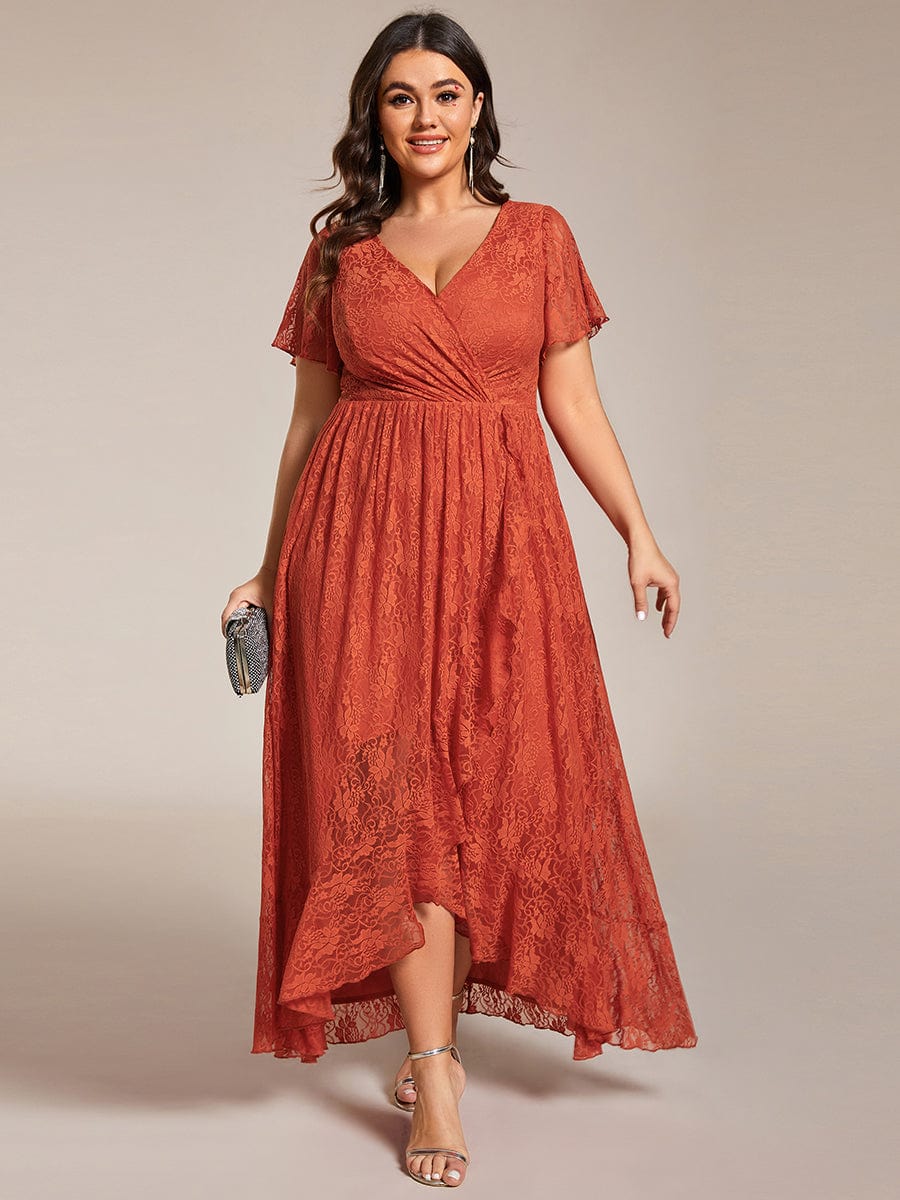 Plus Size Short Sleeve Ruffled V-Neck A-Line Lace Wedding Guest Dress #color_Burnt Orange