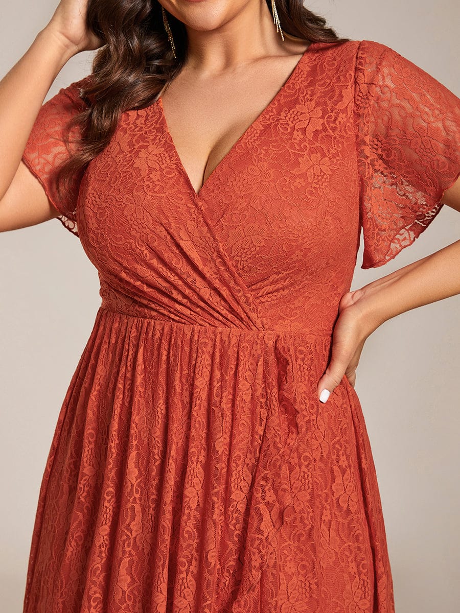 Pleated V-Neck Short Sleeve Ruffled Lace Evening Dress #color_Burnt Orange