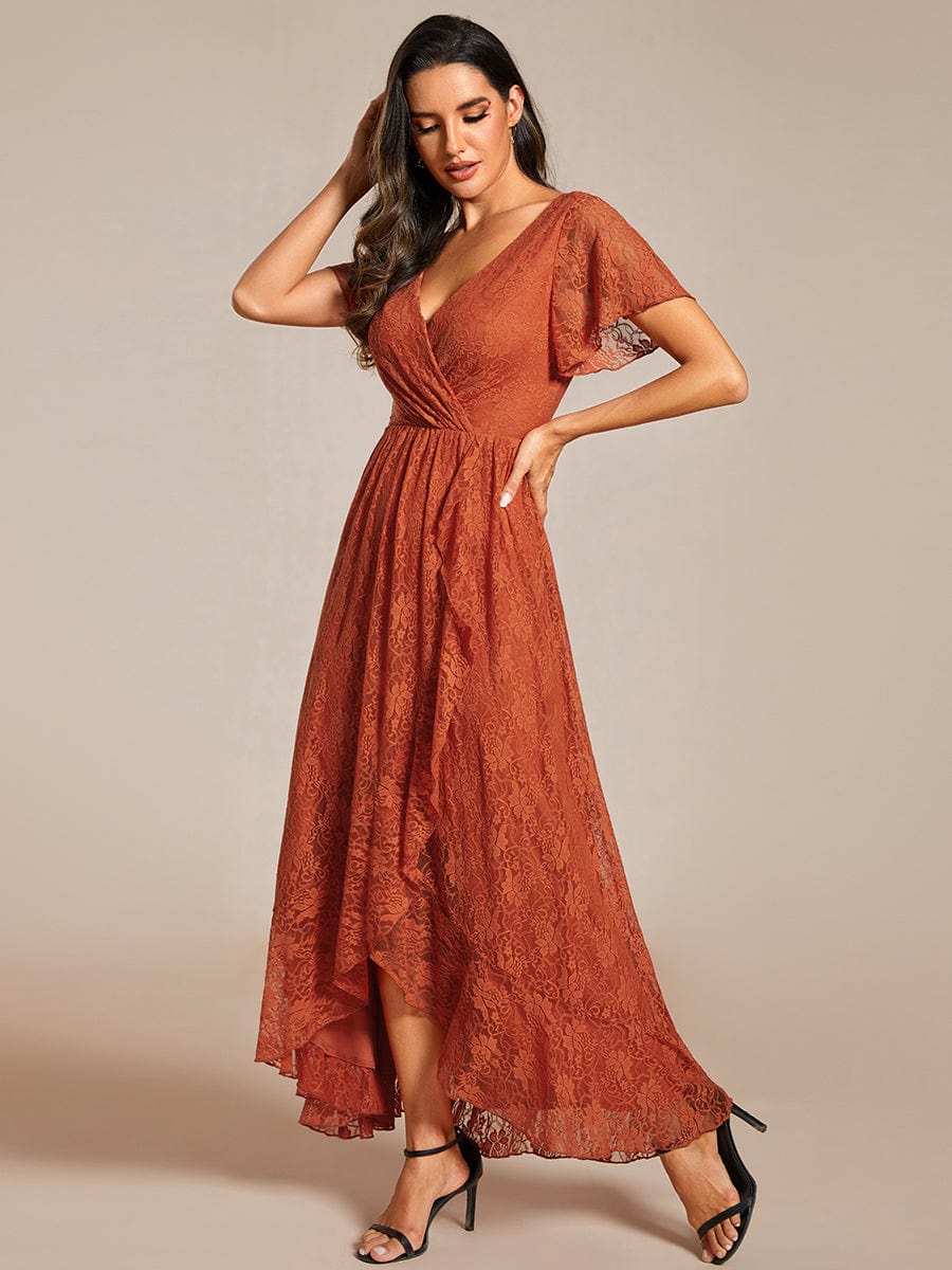 Pleated V-Neck Short Sleeve Ruffled Lace Evening Dress #color_Burnt Orange