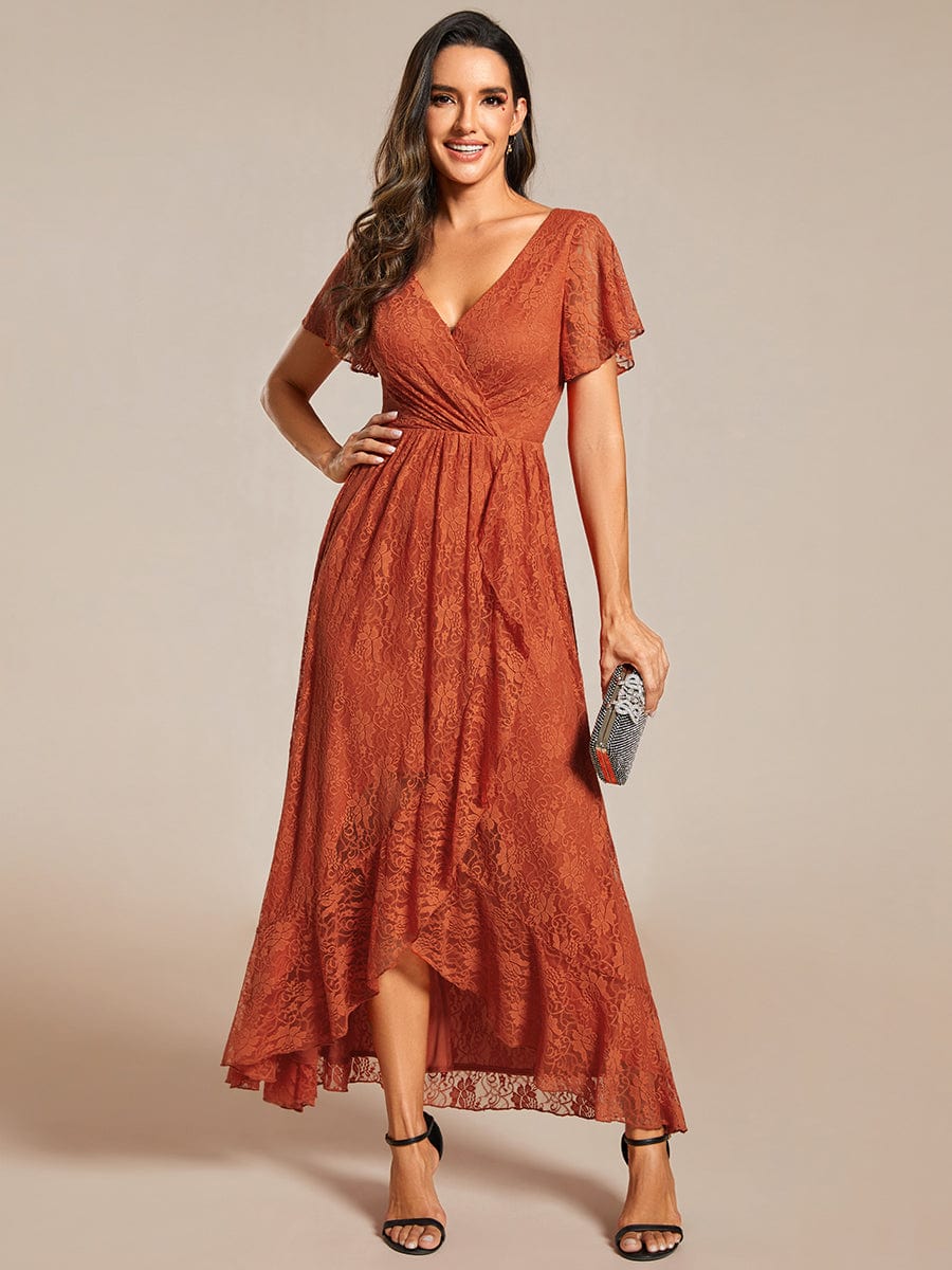 Pleated V-Neck Short Sleeve Ruffled Lace Evening Dress #color_Burnt Orange