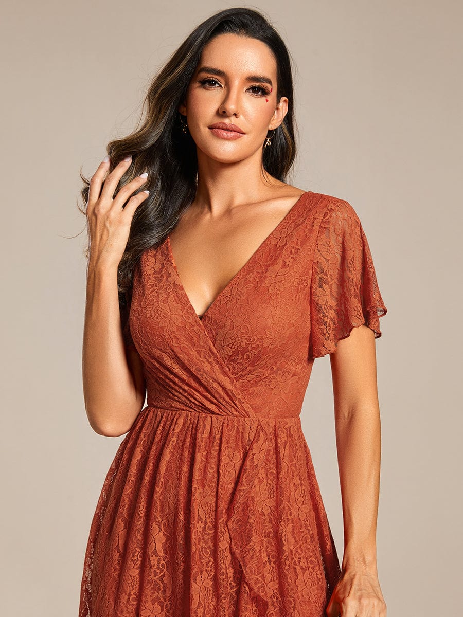 Pleated V-Neck Short Sleeve Ruffled Lace Evening Dress #color_Burnt Orange