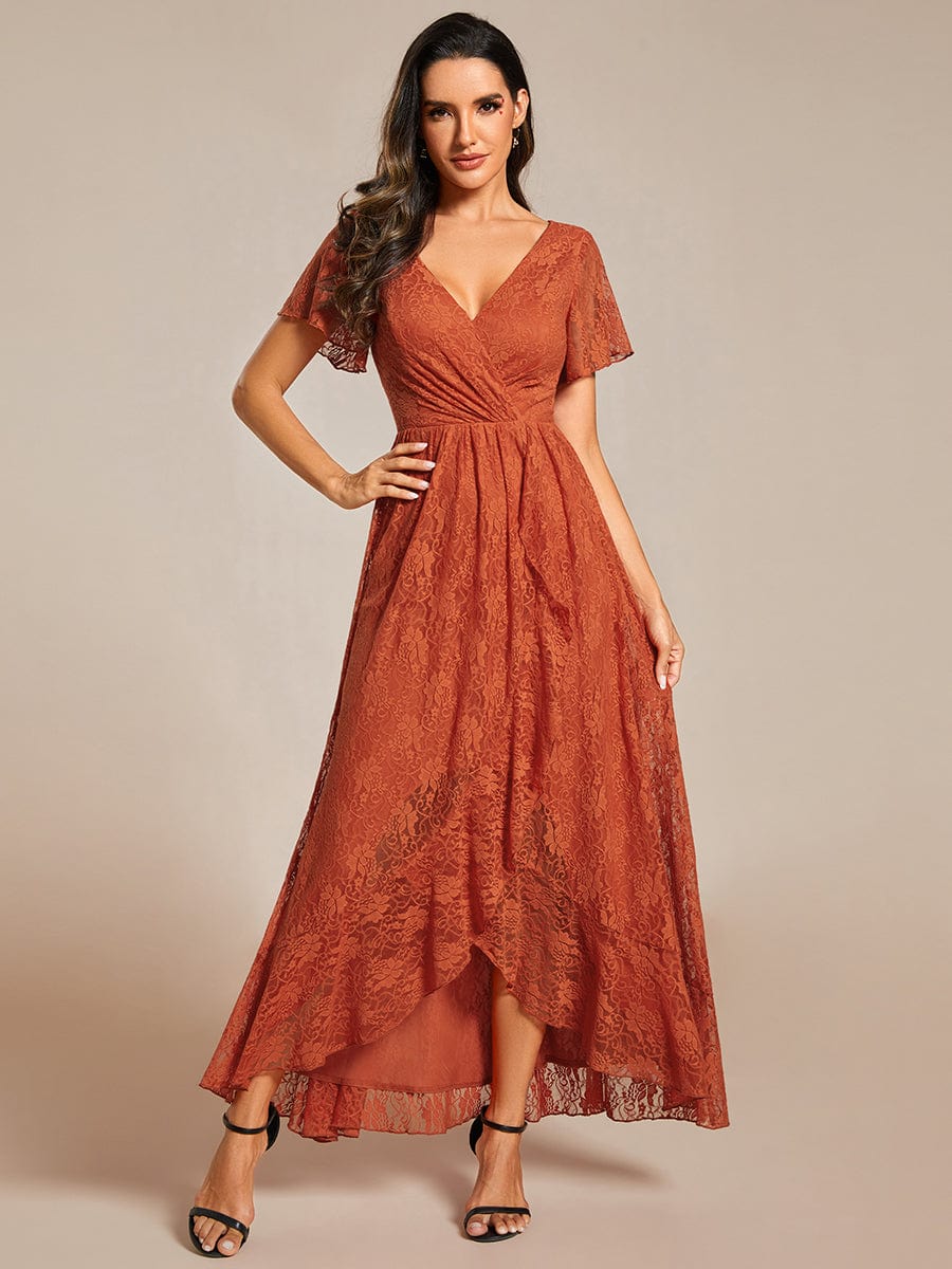 Pleated V-Neck Short Sleeve Ruffled Lace Evening Dress #color_Burnt Orange