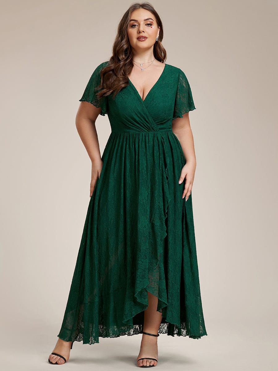 Plus Size Short Sleeve Ruffled V-Neck A-Line Lace Wedding Guest Dress #color_Dark Green