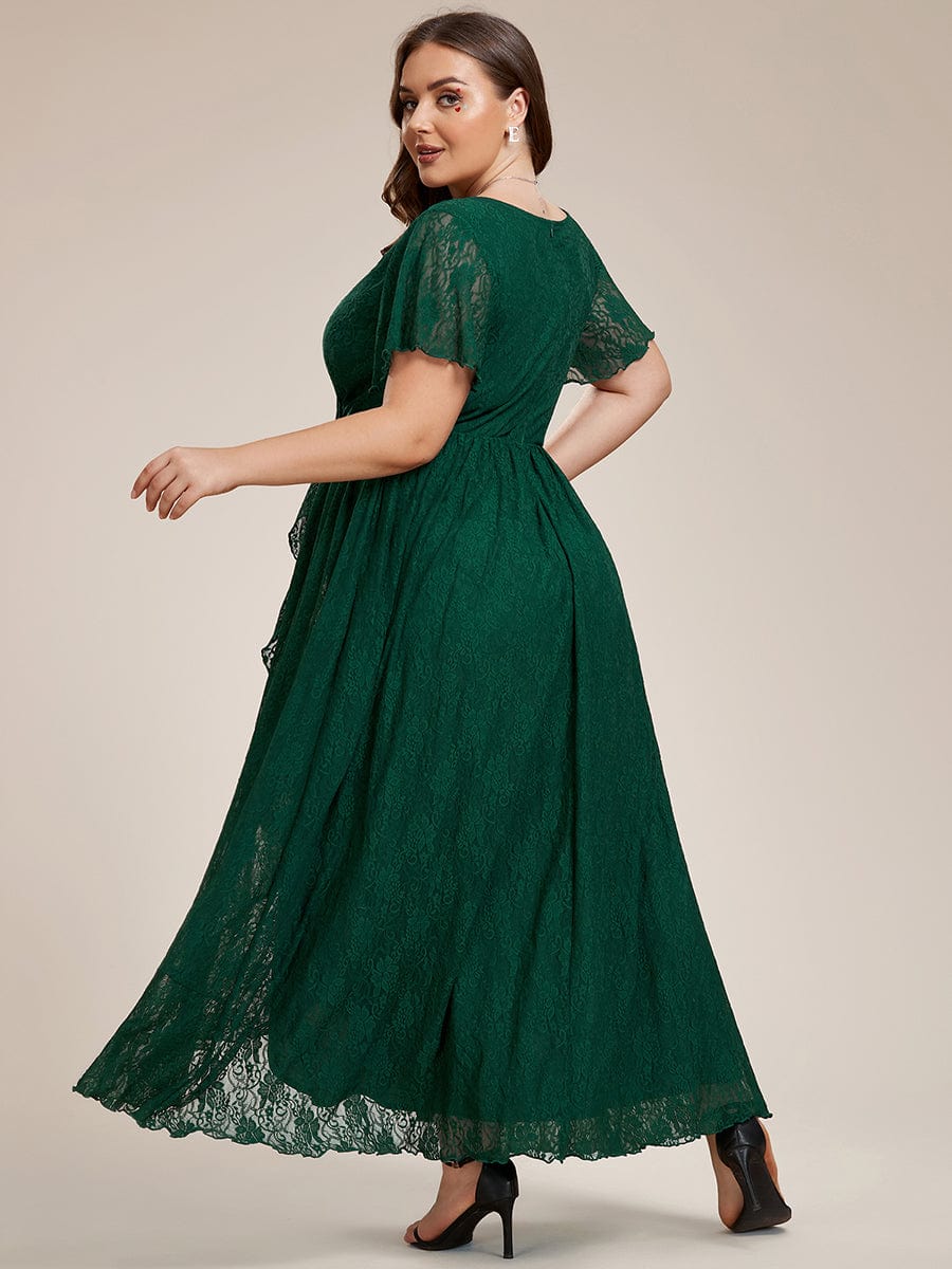 Plus Size Short Sleeve Ruffled V-Neck A-Line Lace Wedding Guest Dress #color_Dark Green