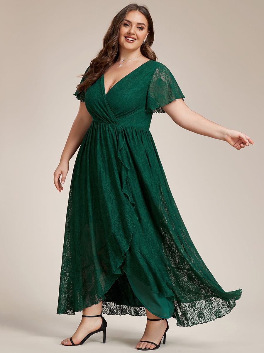 Plus Size Short Sleeve Ruffled V-Neck A-Line Lace Wedding Guest Dress #color_Dark Green