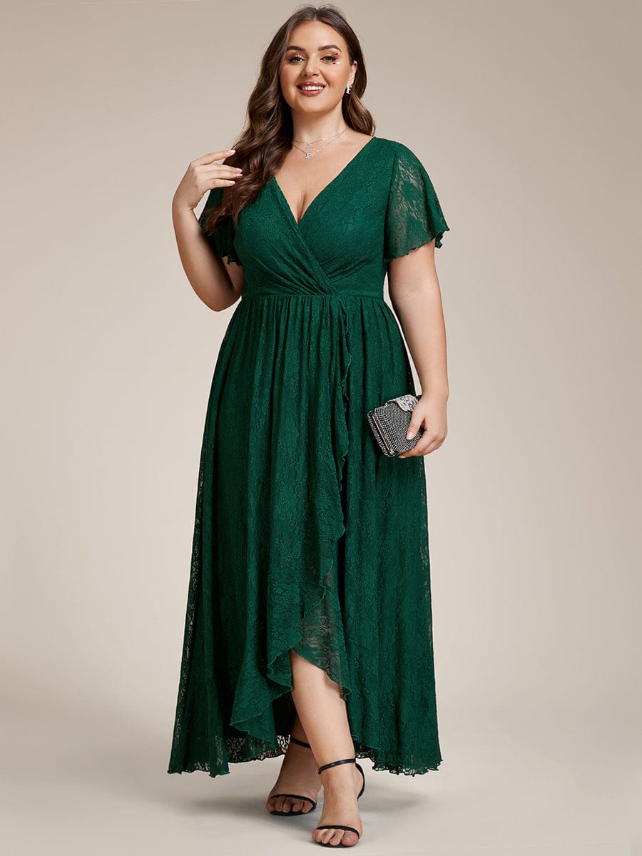 Plus Size Short Sleeve Ruffled V-Neck A-Line Lace Wedding Guest Dress #color_Dark Green