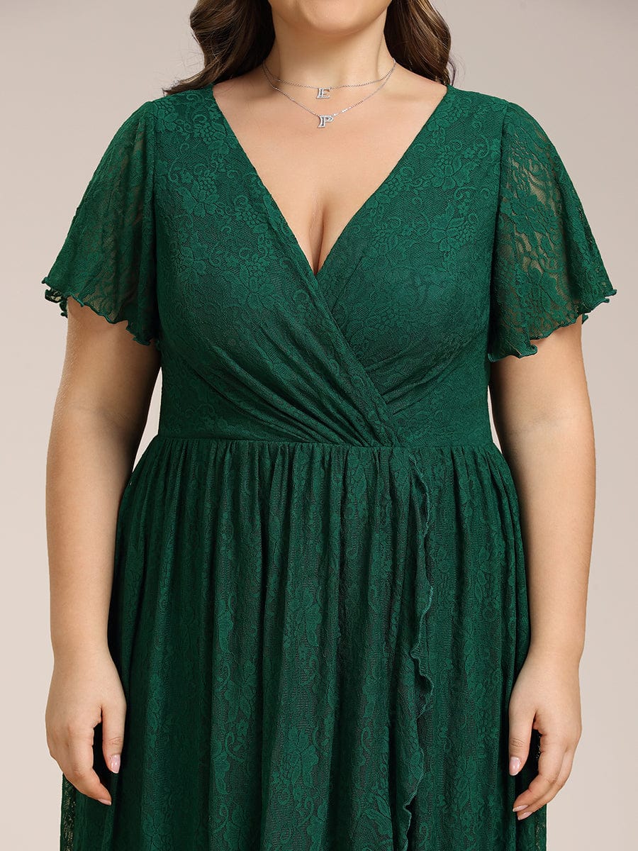 Plus Size Short Sleeve Ruffled V-Neck A-Line Lace Wedding Guest Dress #color_Dark Green