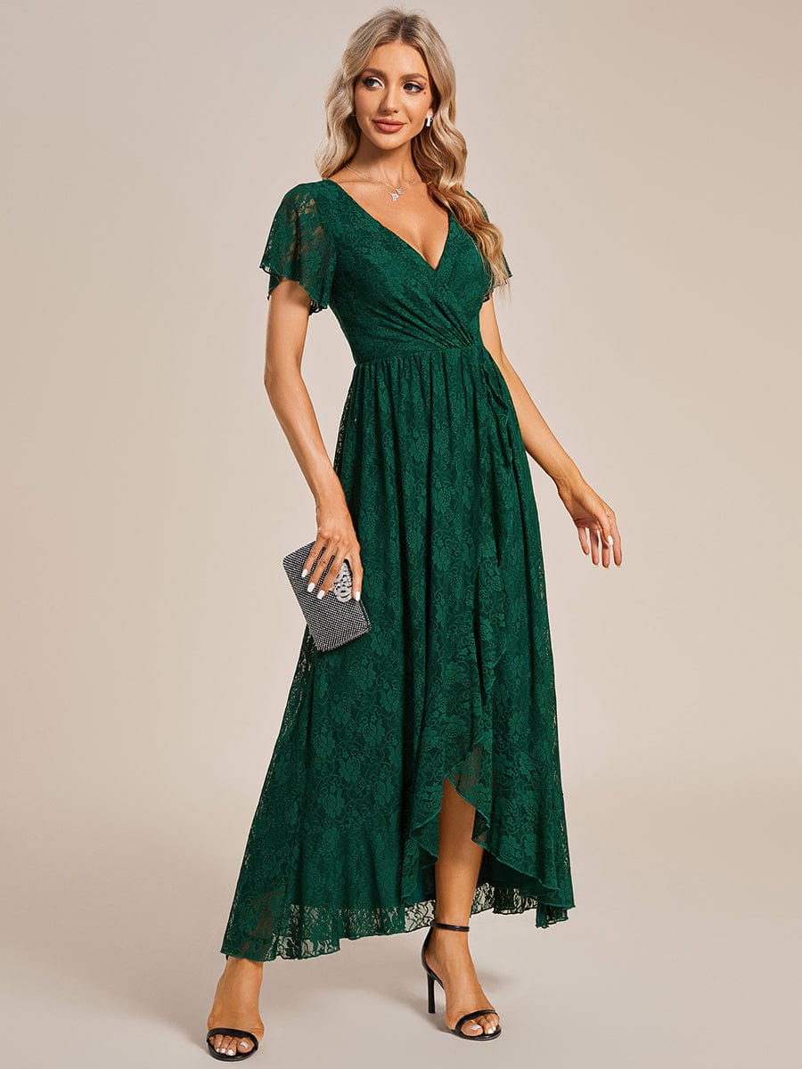 Pleated V-Neck Short Sleeve Ruffled Lace Evening Dress #color_Dark Green