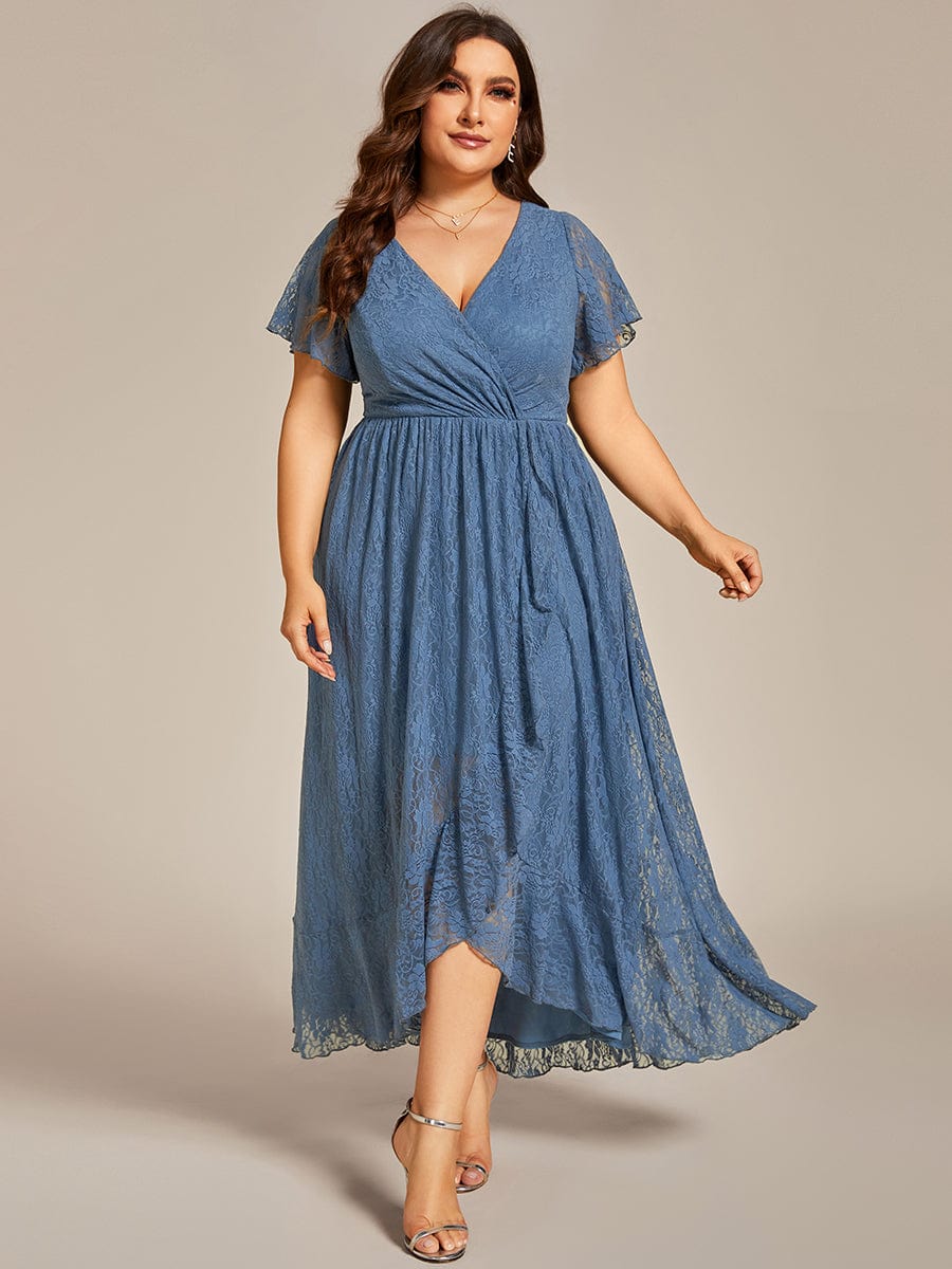 Plus Size Short Sleeve Ruffled V-Neck A-Line Lace Wedding Guest Dress #color_Dusty Blue