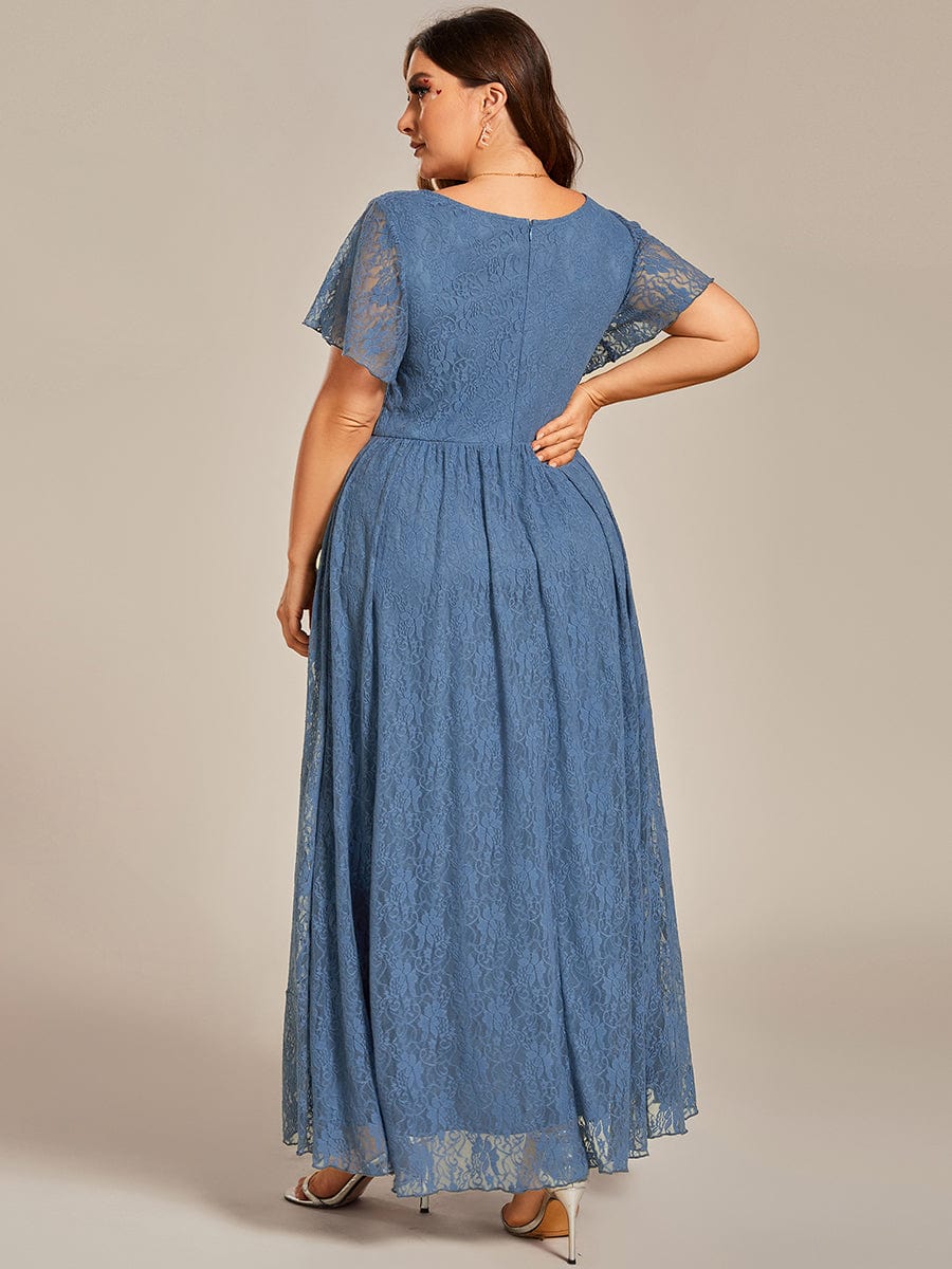 Plus Size Short Sleeve Ruffled V-Neck A-Line Lace Wedding Guest Dress #color_Dusty Blue